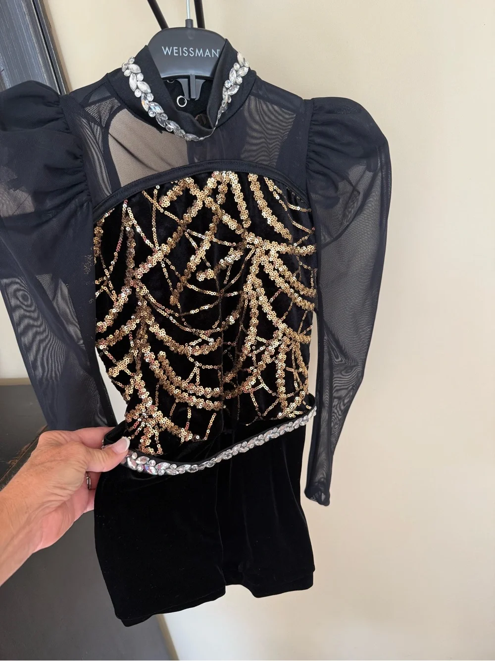 Weissman Black Velvet Performance Dress with Gold Sequin Accents